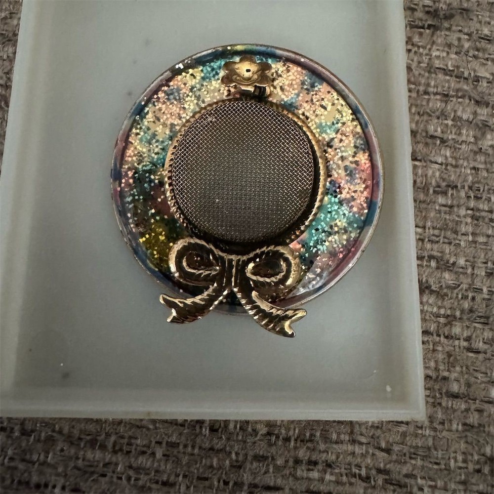 Vintage Multicolor Enamel Hat Brooch with Gold Tone Bow