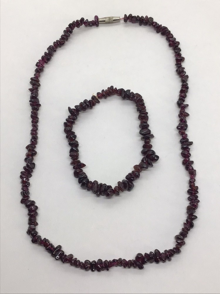 18″ Almandine Garnet Barrel Clasp Necklace Stretch Bracelet Set VTG Retro Estate