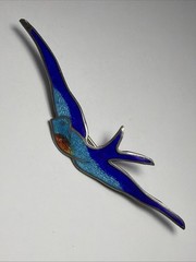 Antique Sterling Silver 925 Blue Enamel Swallow Bird Brooch Pin Art Nouveau 2.4”