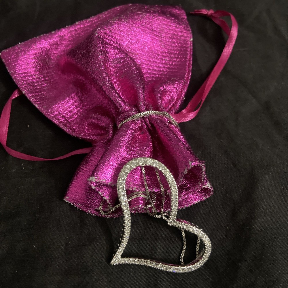 New X-Large 925 Sterling Silver Slanted Heart CZ Charm Necklace Box Chain 18”
