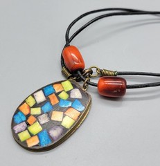 Vintage Look Micro Mosiac Blue Orange Costume Necklace N1D
