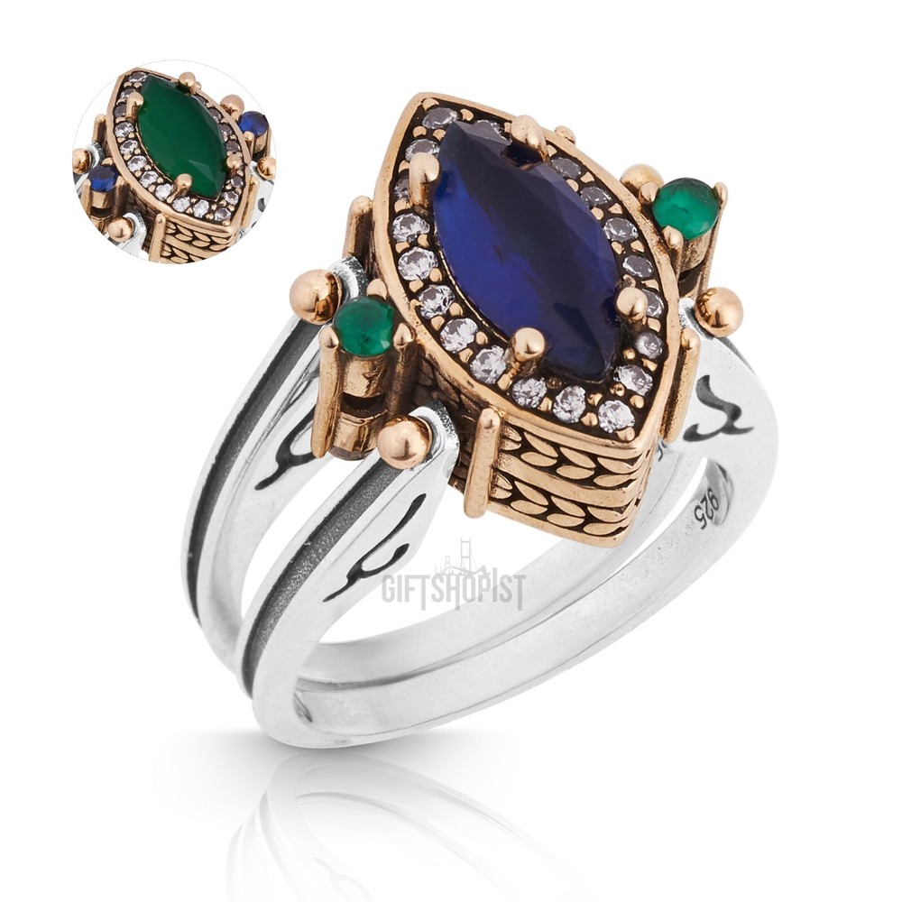 Turkish Reversible Marquise Cut Emerald Sapphire 925 Sterling Silver Ring