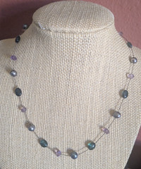 Vintage 90s “tin cup” necklace amethyst tourmaline black pearl silk 16.5″L