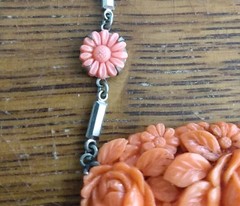 Antique coral colored Rose molded glass & Rhodium Plated Deco Necklace Pendant