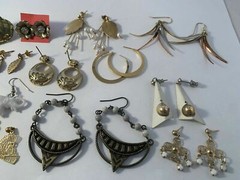 Earring Lot (14) Pairs Pierced Heart Elephant Hoops Gold Tone White Vintage