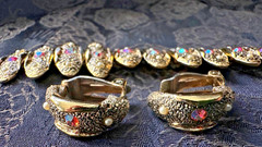 vtg Judy-Lee signed bronzetone iridescent glass cabochons bracelet earrings set
