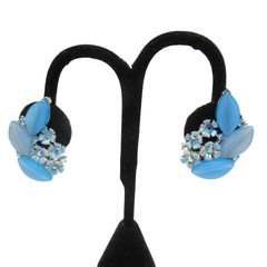 Lisner Signed Blue Thermoset and AB Rhinestone Climber Vintage Clip-On Earrings