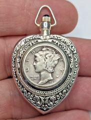 Vintag Victorian Lindenwold Silver Heart Shape Pendant Watch W 1937 Mercury Dime