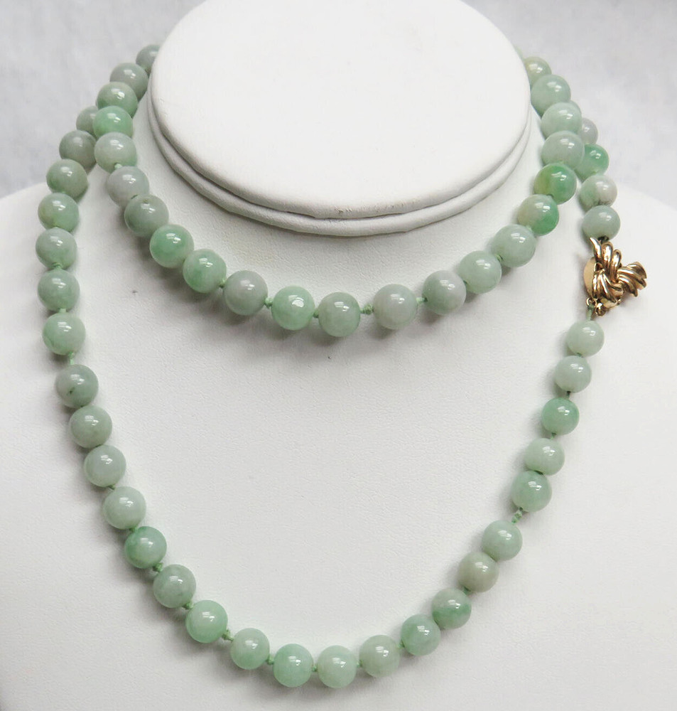 WONDERFUL JADE 9mm BEADS WITH 14K GOLD CLASP 30″ NECKLACE