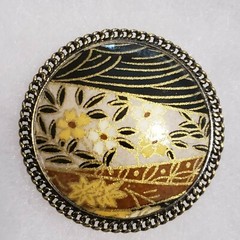 Vintage Handpainted Russian Metal Floral Brooch Pendant Black, Gold, Yellow, Wh