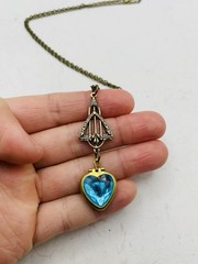 Vintage Art Nouveau Lavalier Pastel Blue Mini Heart Love Photo Locket Necklace