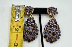 Vintage Oscar de La Renta Gold-Tone With Blue & Purple Crystal Drop Earrings