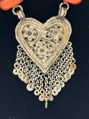 Vintage Turkmen Silver Carnelian Asyk Heart Necklace Yemeni Tribal Statement