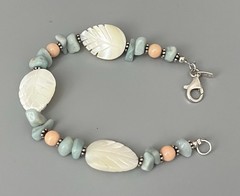 VTG SX 925 Sterling-Carved MOP-Pale Blue-Peach Stone Bracelet Wire Earring Set