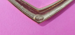 Vintage Trifari choker necklace gold tone metal with pink V charm 18”