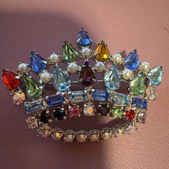 Vtg SIGNED B David Crown Brooch AB Multi-color Rhinestones & Faux Pearl B10011