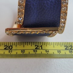 Gold Tone Blue Pebble Leather Inlay Hinge Bracelet With Clear Crystal 6.75 in
