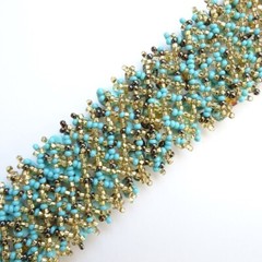 Faux Turquoise Nugget Bead Bracelet Goldtone Seed Beads Magnetic Closure 6.75in