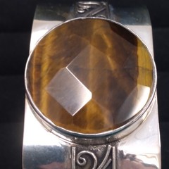 Sterling Indonesia 925 Bangle Wide Cuff with Round Faceted Tiger Eye Stone