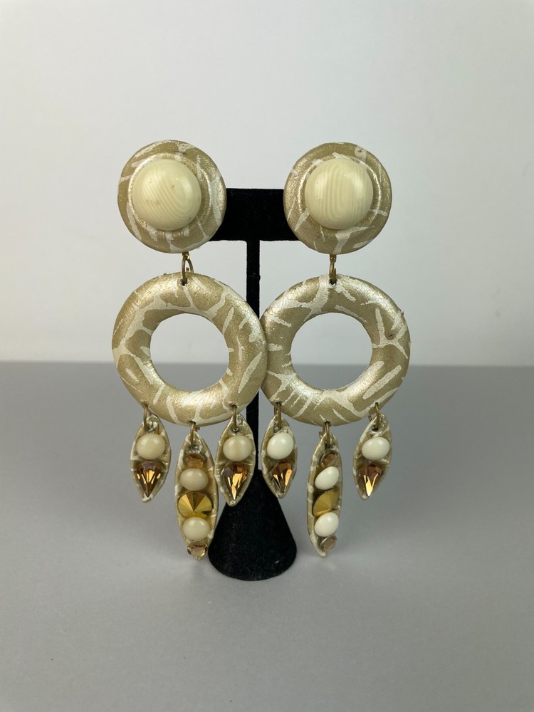 Vintage 80s HUGE Leather and Rhinestone beaded Clip earrings STATEMENT 5″ X 1.8″