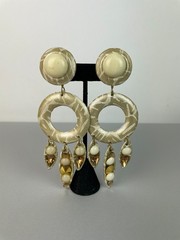 Vintage 80s HUGE Leather and Rhinestone beaded Clip earrings STATEMENT 5″ X 1.8″