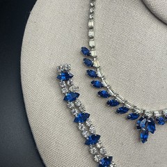 Vintage B David Silver Tone Blue Rhinestone Crystal Necklace Bracelet Clip Ons