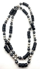 Vintage Sterling Silver Black Onyx Beads Necklace 36” Long