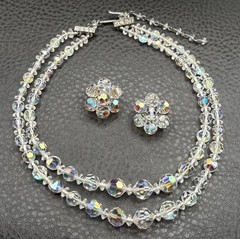 Vintage Aurora Borealis Crystal 2 Double Strand Necklace & Clip-On Earrings Set