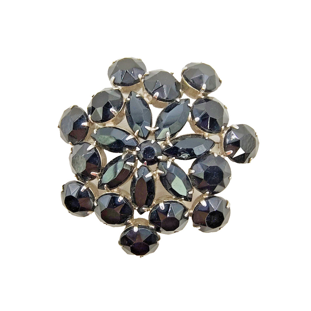 Vintage Black Glass Rhinestone Flower Brooch Pin Silver Tone Art Deco Style