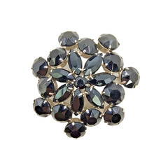 Vintage Black Glass Rhinestone Flower Brooch Pin Silver Tone Art Deco Style