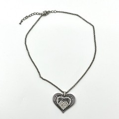 Vintage Silver Tone Filigree Triple Heart Pendant Necklace Clear Rhinestone Y2K