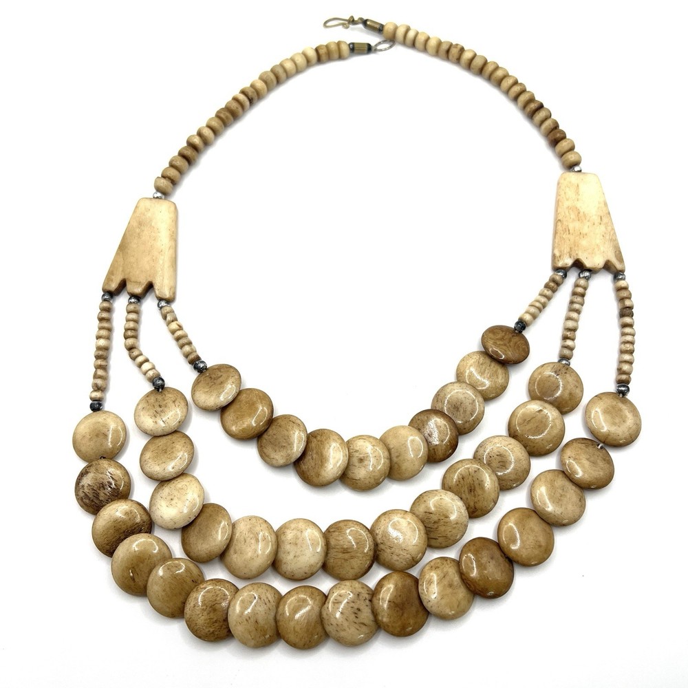 Vintage Multi Strand Bone Bead Necklace Tribal Boho Natural Beige Statement 19”