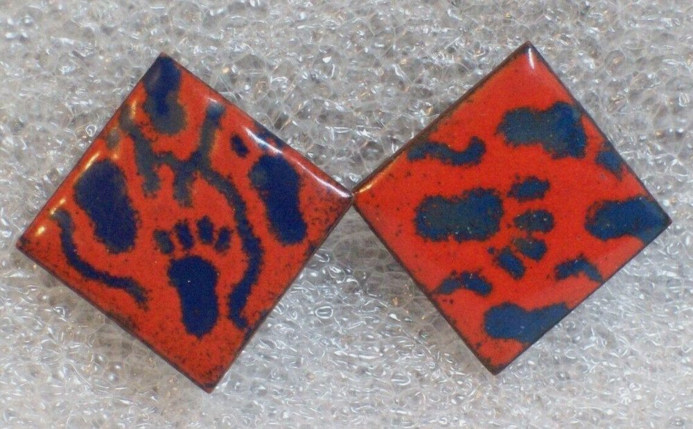 Red Blue Enamel Copper Earrings Retro MCM Footprint Vintage Mid Century Modern