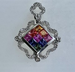 Vintage Rainbow Color Faceted Square Sterling 925 Diamond Shape Pendant Necklace