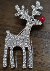 1¾” SilverTone Reindeer Brooch Faux Crystal Rudolph Horn Deer Pin Bling Red Nose