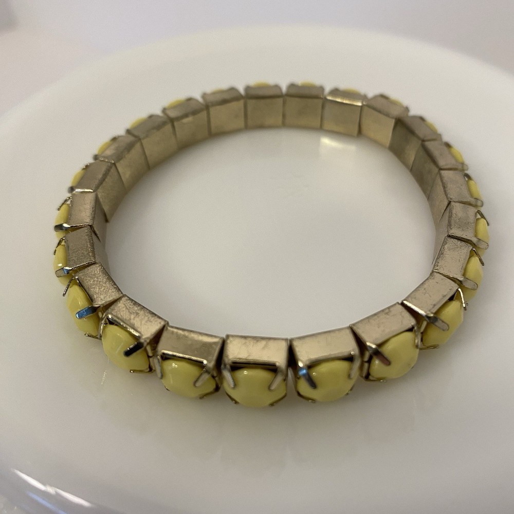 Vintage Yellow Pave Set Plastic Stone Stretch Bracelet Silver Tone Mid Century