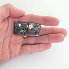 Vintage Estate Signed Sterling Silver Abalone Inlay Square Cuff Links