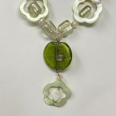 Glass Necklace Green White Beads Wire Wrap Acrylic Flower Y Drop Pendant Boho 18