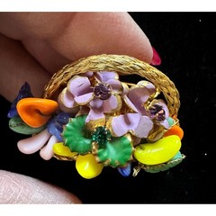 Vintage Flower Basket Brooch Woven Wire & Molded Glass Beads
