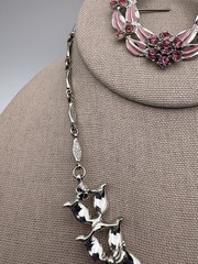 Vintage Pink Enamel Rhinestone Necklace And Pin Set- See Description