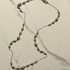 Vintage Monet Long Faux Pearl Station Bead Necklace Toggle Clasp Signed Layering