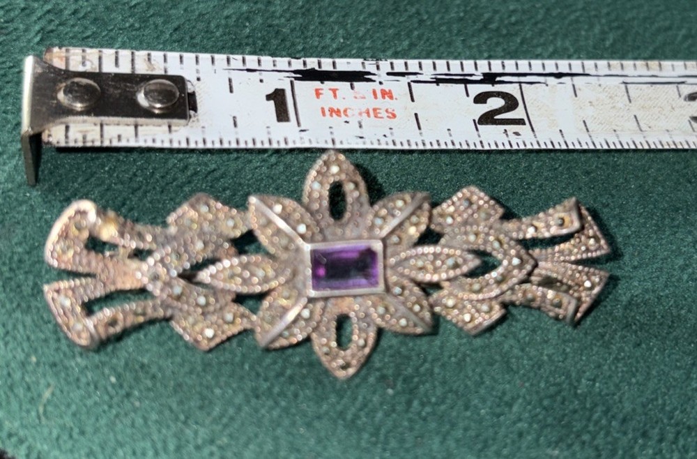 Vintage FAS Sterling Silver Marcasite Square Cut Amethyst Bar Brooch Vintage 8G