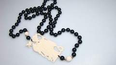 Vintage Large Chinese Asian Woman Pendant on Onyx Black Bead Necklace