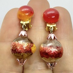 Vtg Hong Kong Lucite Foil Yellow Red Bead Dangle Earrings Clip-on