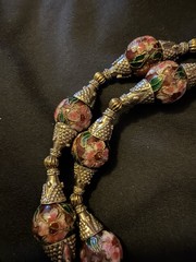 Vintage Long Cloisonné Necklace Copper Based & Wire Pewter Binding 925 Clasp