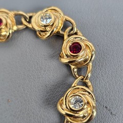 Vintage Gold-Tone Floral Bracelet W/ Whiter/Red Austrian Crystals & Original Box