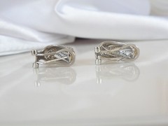Vintage Sterling Silver 925 Gold Pave CZ Huggie Small Hoop Omega Earrings