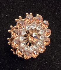 Vintage Rhinstone Brooch Round Gold Tone Amber & Clear Cystal Doomed Pin 1950’s