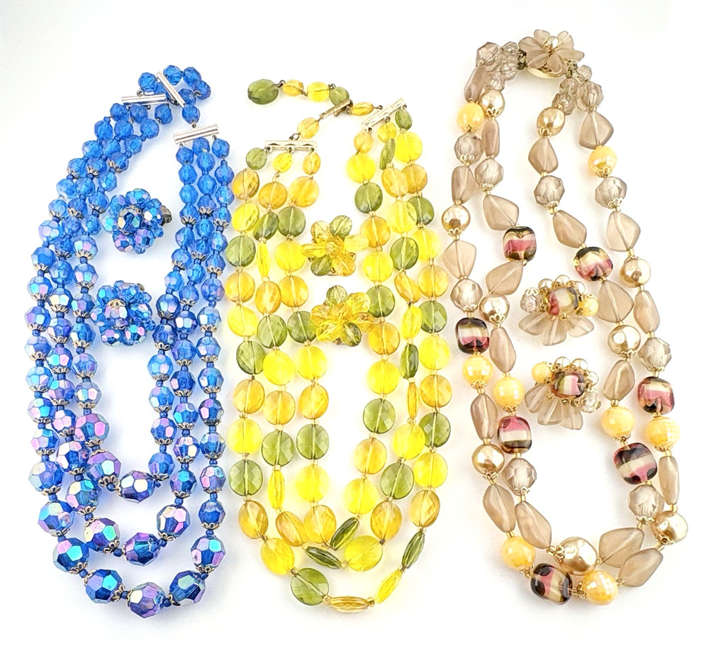 Vintage West Germany Givre Glass Plastic AB Bead Necklace Earrings Lot of 3 Sets