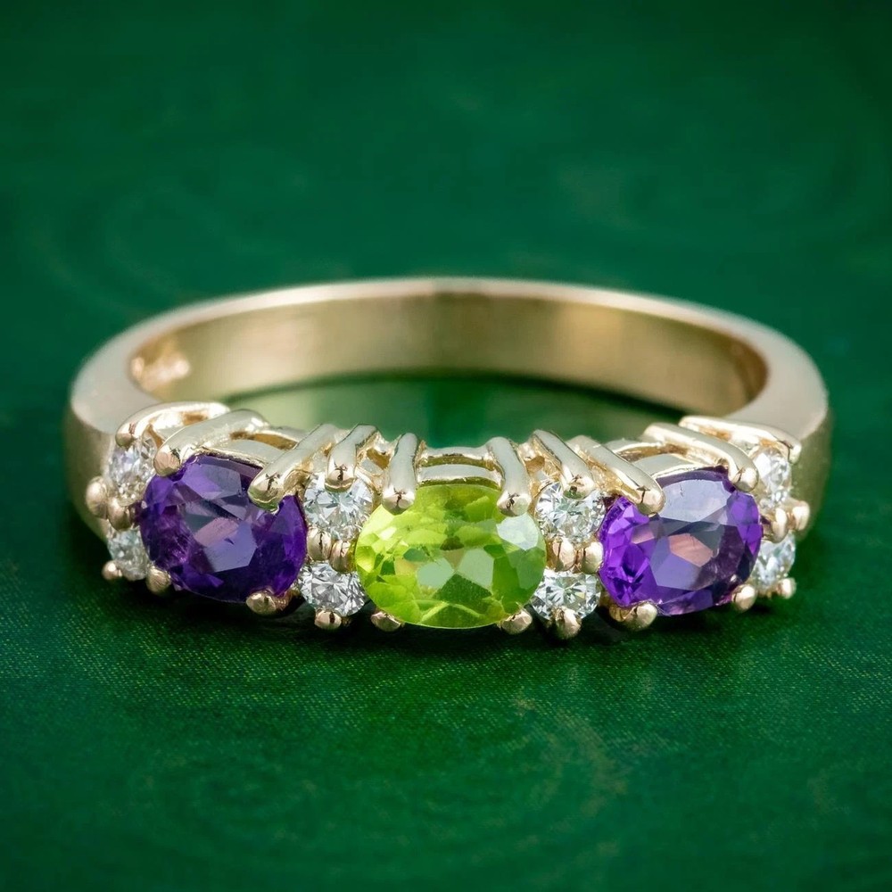 Suffragette Ring Lab Created Peridot & Amethyst Diamond 14k Yellow Plated Silver